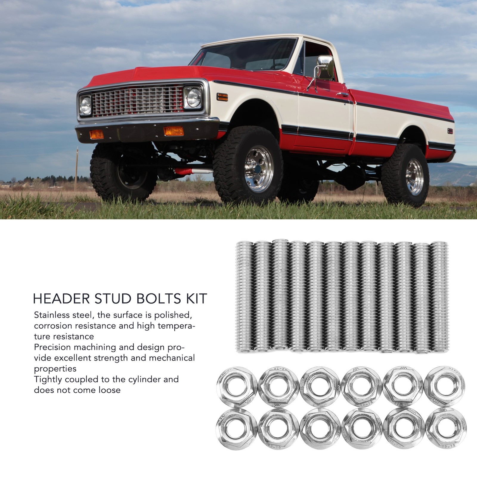 12Pcs Stainless Steel Cylinder Head Bolt Kit Exhaust Manifold Stud Bolts For V8