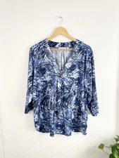 Notations 2X Blue White 3/4 Sleeve Top Blouse Women’s Plus 2X Stretch Y2K