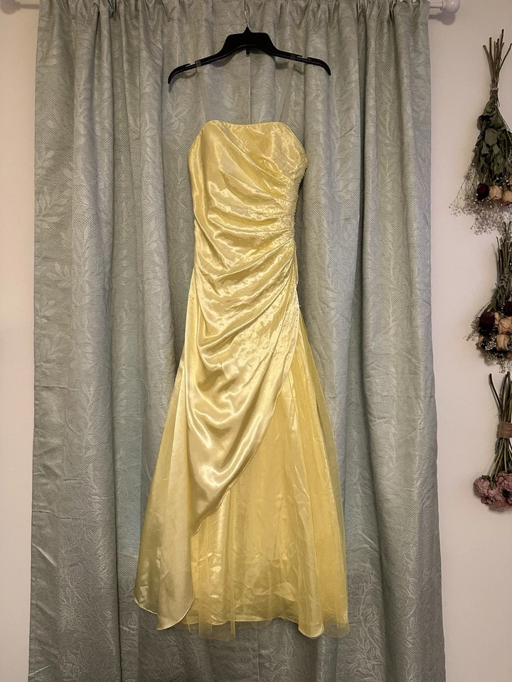 Vestido de graduación vintage amarillo "sin tirantes" lentejuelas hinchado princesa talla 3/4 Foto 2 de 4