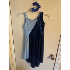 Sequin Lyrical Dance Costume Blue High-Low Mesh Dress with Headpiece Girls 12