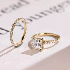 Princess Cut Simulated Diamond Bridal Set Wedding Ring In 14k Yellow Gold Plated