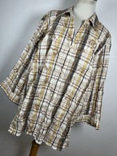 CJ Banks 2X Shirt Top Brown White Plaid Embroidered Floral Button Front V2