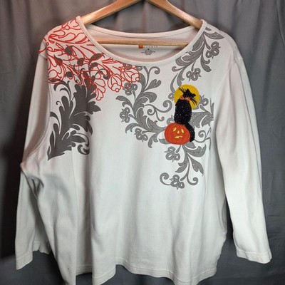 Designers Originals Women s 2X T-Shirt Black Cat/Pumpkin/Moon Halloween Sequins