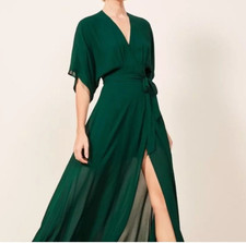 Reformation Winslow Dress in Emerald Green, XS, Chiffon, Wrap, Maxi