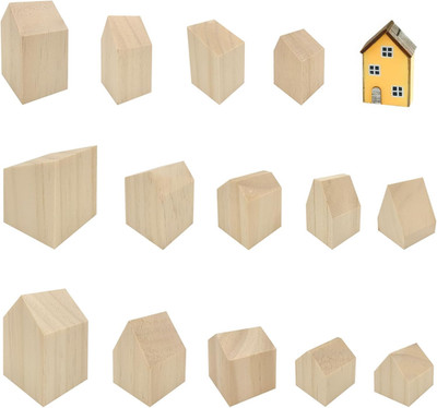 14 Pcs Unfinished Wood House Shaped Blocks Arrow Shape Wooden Houses to Paint Tr