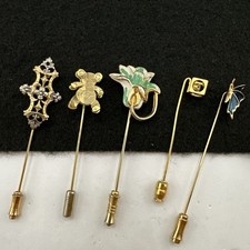 Lot Of 5 Vintage Stick Pins Enamel Gold Tone Flower Butterfly Teddy Bear Cross