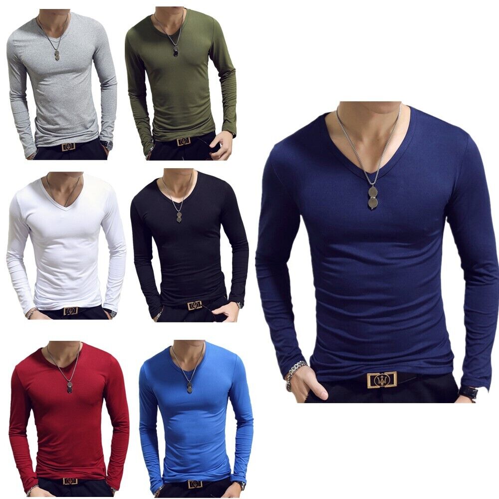 Mens Casual Long Sleeve T-shirt Solid Color V Neck Soft Tops Thermal ...