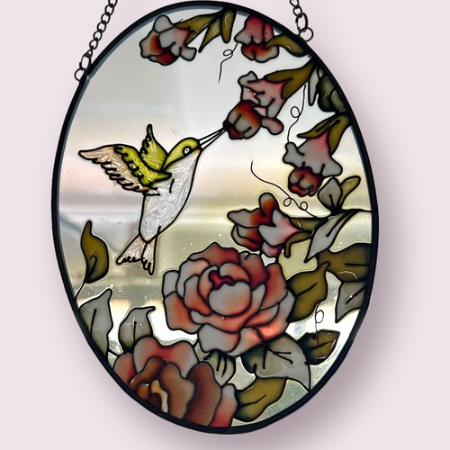 Vintage Oval Hummingbird Suncatcher – Elegant Colorful Window Decor - Picture 2 of 3