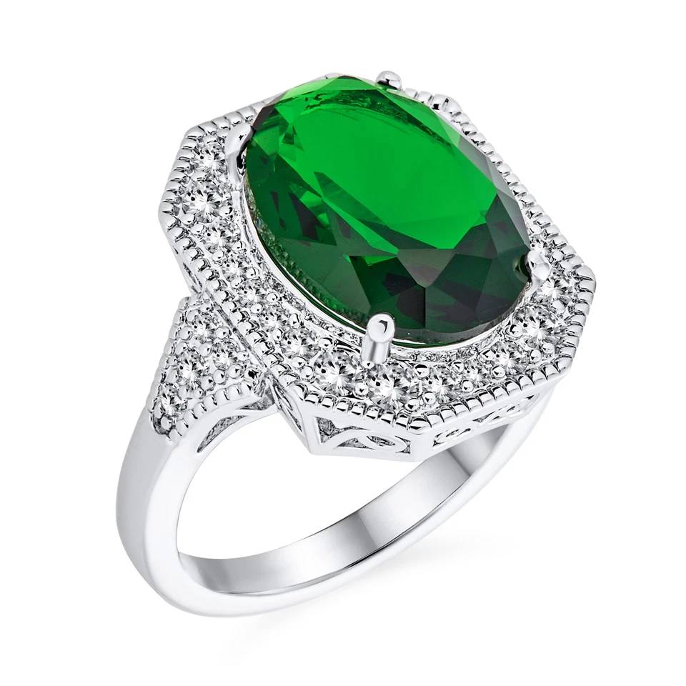 Anillo vintage Art Deco 15CTW grande ovalado solitario circonita cúctel verde declaración Foto 3 de 4