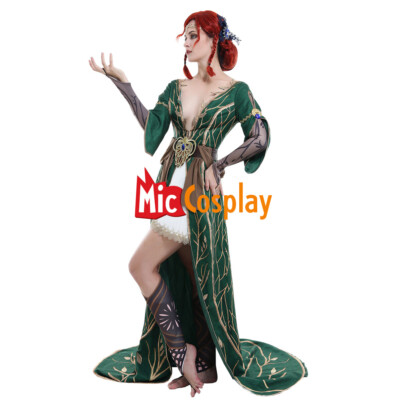 Women's Triss Witch Cosplay Costume Green Long Dress Deep-V Robe Outfit 