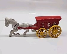 Vintage Cast Iron Horse Drawn Cart Red Ice Wagon Carriage Buggy Toy