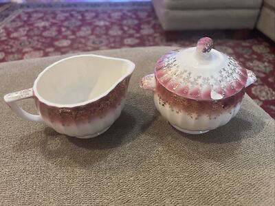 Vintage Sebring Sugar & Creamer Golden Ware Mandarin Maroon Tudor 22K Gold (JL)