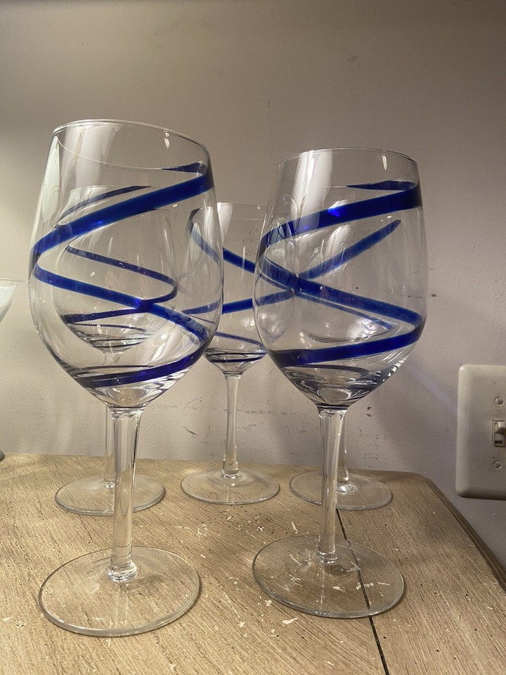 5 Pier 1 Swirline Cobalt BLUE Swirl Ribbon Water/Wine Goblet Glasses 9