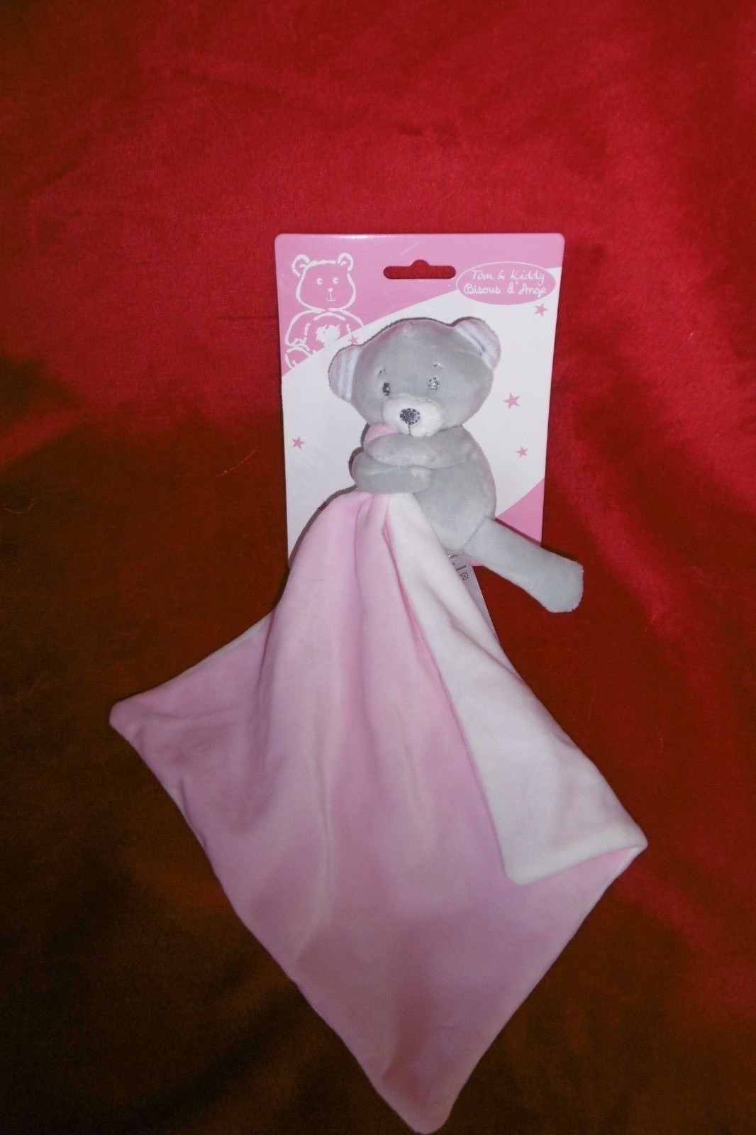 Peluche doudou ours Tom & Kiddy blanc gris et rose avec mouchoir de naissance