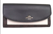 Coach Logo Slim Envelope Colorblock Wallet Dark Khaki / Chalk NWT