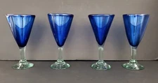 Vintage  Cobalt Blue Thick Wine Glassess Clear  Stem 7.5" tall