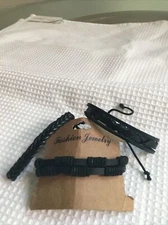 Set Of 3 Leather Bracelets Size Adjustable Black