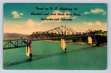 VINTAGE U.S. HIGHWAY 34-BEST RT THRU IOWA, NE & CO ~ BRIDGE POSTCARD CR
