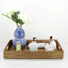 NEW Tight Woven Rectangle Rattan Tray for Luxury Homes- Extra Large, Honey Brown