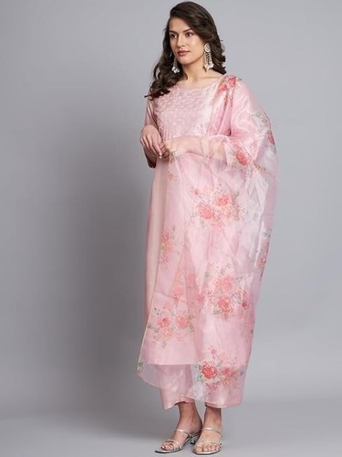 Alle Farben Seidenmischung bestickt gerade Kurta Hose Set mit Organza Dupatta - Bild 15 von 24