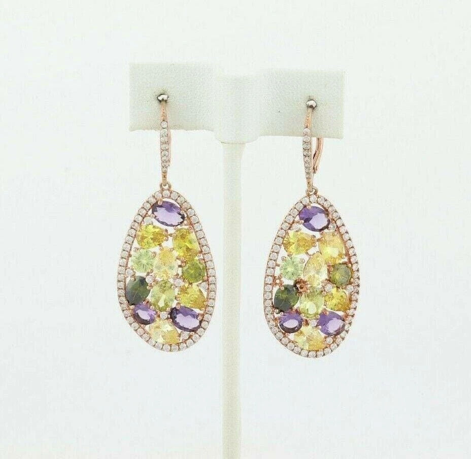 18k Rose Gold over Sterling Silver Multi Color Cz Earrings Dangle Drop Earrings - Image 4 of 4