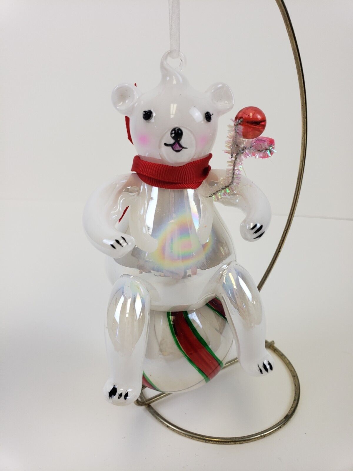 Blown Glass Teddy Bear Christmas Ornament Polar Bear On Striped Ball Large 6”