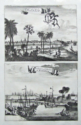 Antiker Druck JAKARTA, JAVA, JAWA, CHURCHILL'S VOYAGES, Original Paar 1744.