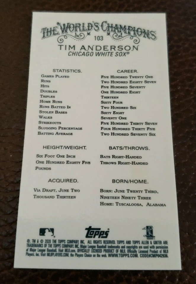2020 Topps Chrome Allen Ginter #103 Tim Anderson Mini Card Chicago White Sox - Image 2 of 2