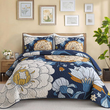 Navy Floral Quilt Set King Size Boho Bedspread Coverlet Set, 3 Piece Botanical Q