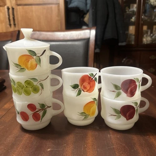 Vintage Anchoring Hocking Fire King Stackable Handpainted Coffee Mugs + Creamer