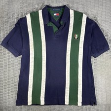 VTG 90s Tommy Hilfiger Crest Polo Shirt Mens Large L Vertical Stripe Navy Green
