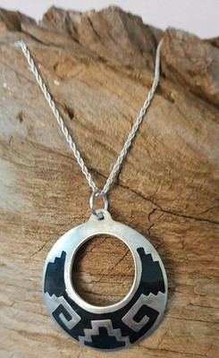 Vintage Aztec Alpaca Silver Pendant w/Black Enamel Inlay From Mexico 20''Necklace