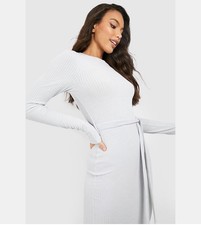 Boohoo womens soft rib tie waist midaxi gray Dress size 12 NWT