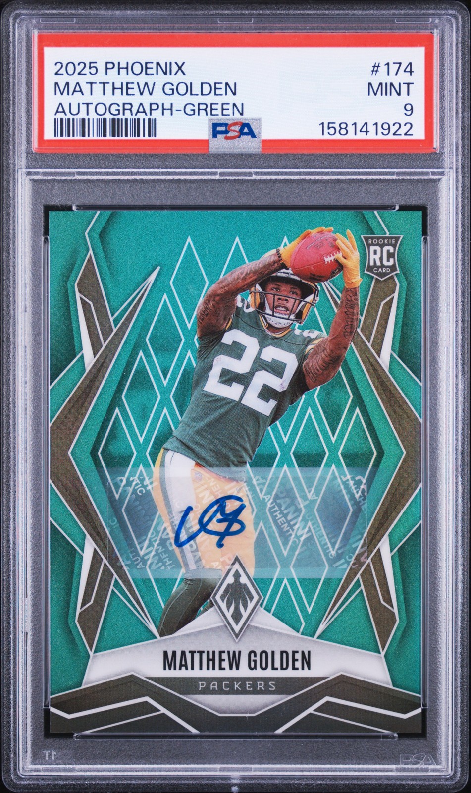 2025 PANINI PHOENIX AUTO-GREEN #174 MATTHEW GOLDEN ROOKIE RC 17/25 PSA 9