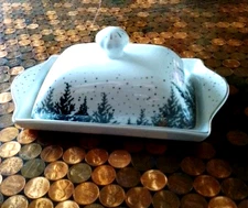 Rare GRACE TEAWARE Winter Woodland Porcelain BUTTER DISH Forest CHRISTMAS TREE
