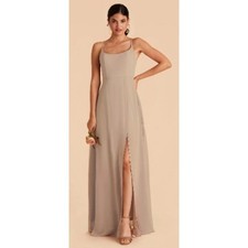 Birdy Grey Amy Chiffon Bridesmaid Dress Almond Taupe Slit Spaghetti Medium