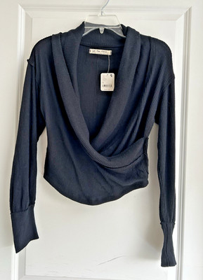 Free People Hold Me Close Black Top Faux Wrap Size XS Long Sleeve Boho MSRP $68