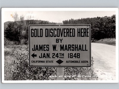 c1945 Sutter s Mill Gold Rush Mining California Automobile Sign CA Frasher RPPC