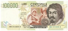 100000 LIRE BANCA D ITALIA CARAVAGGIO II TIPO LETTERA D 20/02/1997 FDS-/FDS