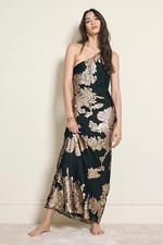 ANTHROPOLOGIE The Lily One-Shoulder Jacquard Midi Slip Dress Black Gold UK 8