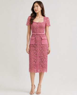 Self-Portrait Pink Lace Midi Dress, Size 6 / M, Designer Cocktail, Wedding Guest