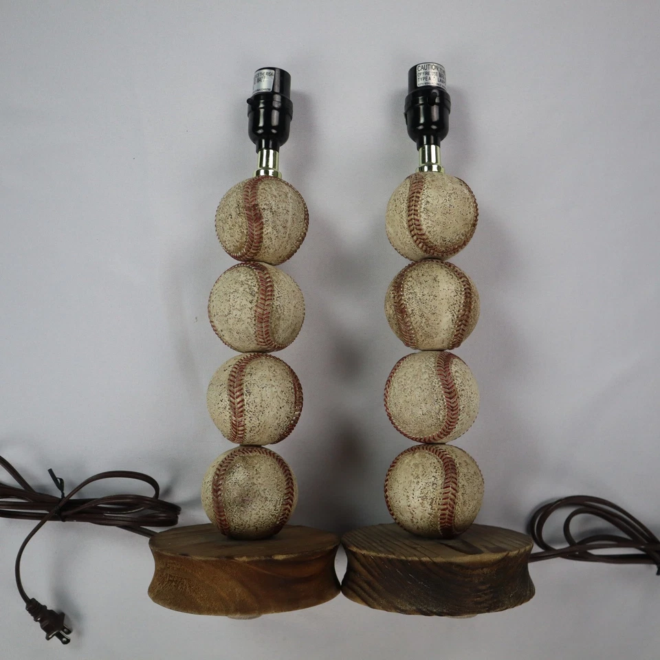 Baseball Lamps Set of 2 Fan Decor Stacked Ball Wood Base Accent Lighting - Image 2 of 4