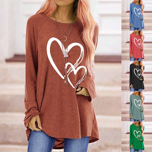 Women Neck Heart Casual Shirt Blouse Ladies Long Loose Tunic Tops |