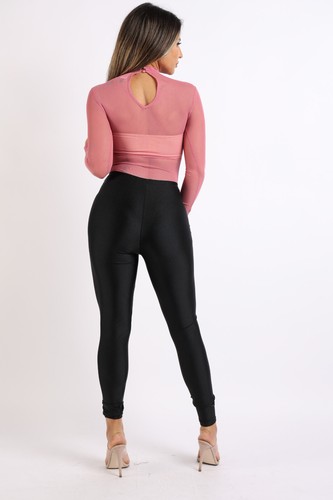 Women's Sexy Long Sleeve Mesh Bodysuit Mock Neck See-Through Simple Basic Top - Picture 4 of 36