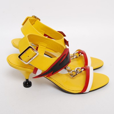 PRADA Women Yellow Sandals 100% Leather Chain Buckle Strappy Shoes 