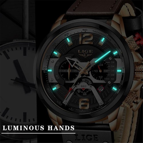 LIGE Reloj Hombre Manecillas Luminosas Cronógrafo Reloj Pulsera Marca Hombre Cuero Relojes - Imagen 13 de 25