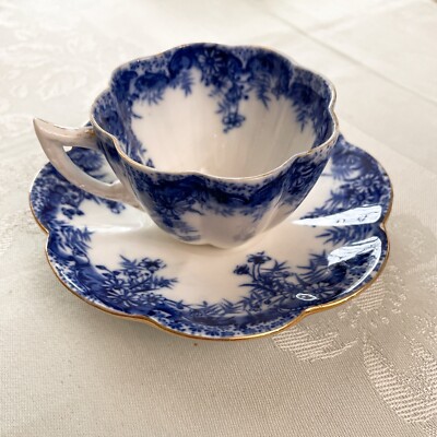 RARE Antique Foley Wileman Flow Blue Teacup & Saucer Excl #3