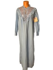 Vtg 80s Suzanne Beth L Blue Granny Gown Fleece Embroidered Flowers Lace NOS USA