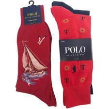 Polo Ralph Lauren Men's 3-Pair Red Sailing Nautical Pima Cotton Crew Socks New