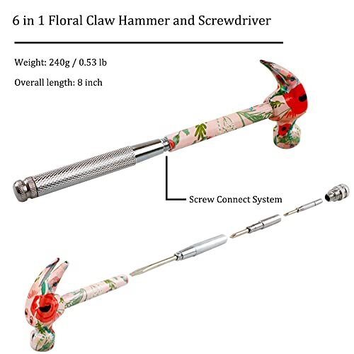 6 In 1 Claw Hammer and Screwdriver Set with Floral Print, Multi Tool